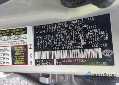 2012 Toyota Camry Le from USA, damaged, VIN 4T4BF1FK9CR270865